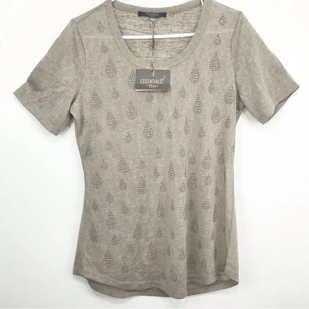 Essentials by Milano Taupe Gauzy Knit Stud Embellished Lightweight Short Sleeve